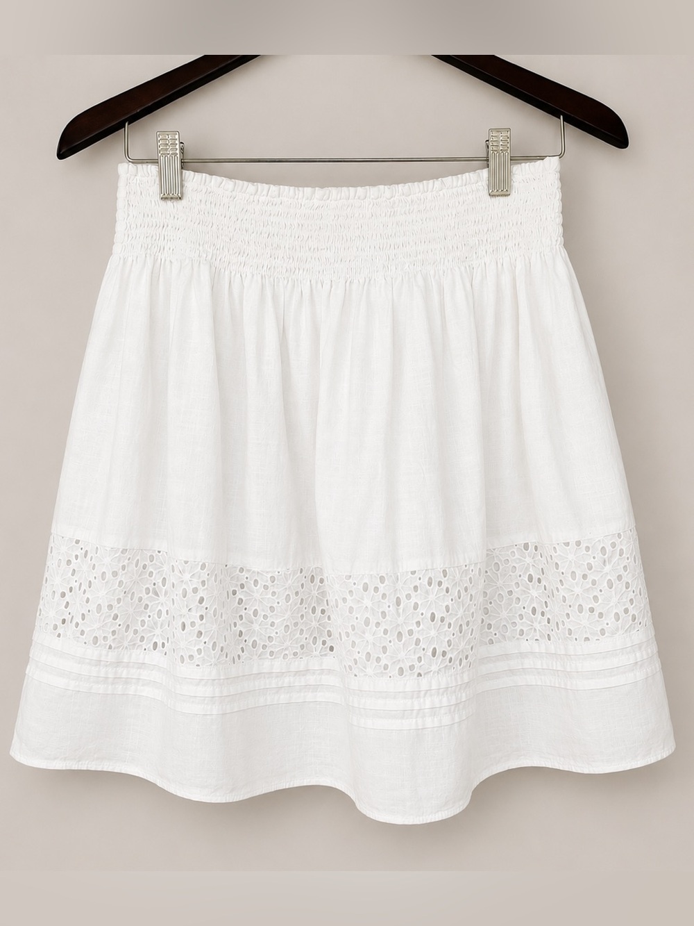 Calvin Klein Eyelet Lace Smocked White A-Line Skirt Boho Cottagecore Resort M